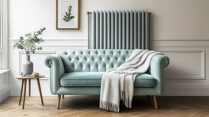 Stylish Scandinavian Living Room Interior: A Designer Mint Sofa, Furniture, Mock-Up Poster Map, Plants, and Elegant Personal Accessories Showcase.