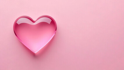 Transparent pink heart on a matte pink background, on the right there is an empty space for text. Greeting card, banner, Valentine's Day.