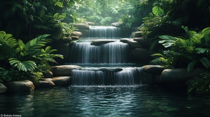 Serene waterfall cascading through lush greenery in a tranquil setting.