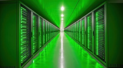Green illuminated server room with rows of data servers.