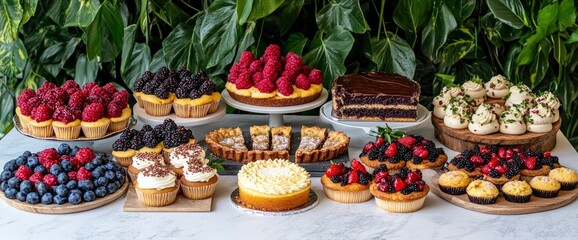 Fototapeta premium Delicious Dessert Table with a Variety of Cakes, Cupcakes, and Pastries