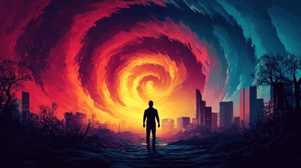 Naklejka premium A silhouette of a person standing before a vibrant spiral of colors in an urban landscape.