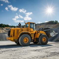 Powerful wheel loader or bulldozer working on a quarry or construction site. Earthworks in construction. Powerful modern equipment for earthworks