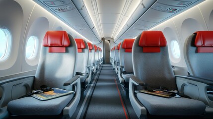 Fototapeta premium Explore the comfort and serenity of a brightly lit airplane aisle with rows of empty seats for your next travel adventure