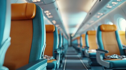 Experience comfortable travel in a clean and spacious airplane aisle with organized seats at the airport