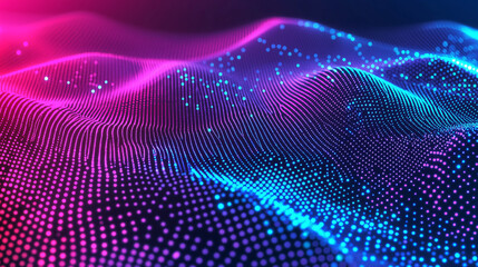 Colorful digital wave patterns illuminated with vibrant pink and blue lights against a dark background