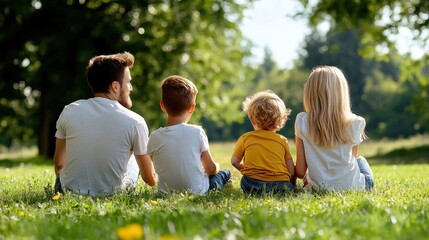 Fototapeta premium Family enjoying a sunny day outdoors, sitting together on the grass.