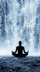 Obraz premium Meditating figure absorbs energy by a cascading waterfall for inner peace
