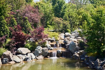 A corner of the Japanese garden. Artificial waterfall