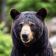 Obraz premium Make a portrait of a black bear where the bear is looking directly at the viewer. It is a head shot of the bear. The bear has his snout pointing directly at the viewer, not tilted up or down. Make 