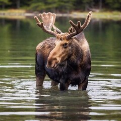 Obraz premium Create a close up image of a moose standing in a body of water. Focus in on its head. It has large antlers and lots of water is dripping from its face and antlers. The background is blurred. The lig