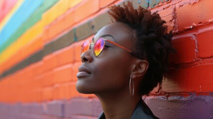 Naklejka premium Against a dynamic backdrop, an introspective LGBTQ individual's reflective gaze captures their journey towards self-acceptance