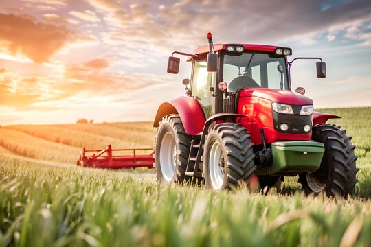 red tractor in the field in morning, tractor in farm