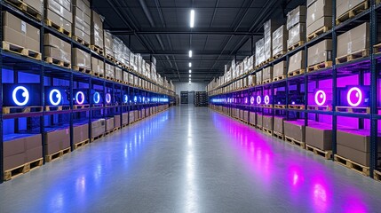 Warehouse interior with shelves full of boxes and colorful lights.