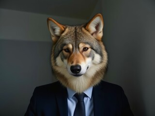 A person wearing a suit and tie with a wolf mask on their head