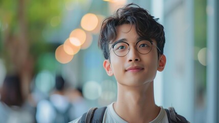 A backdrop of diverse colors illuminates an Asian student's introspective expression, marking his educational achievements