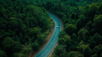 Fototapeta premium A winding road through a lush green forest in the early morning light offers a serene driving experience