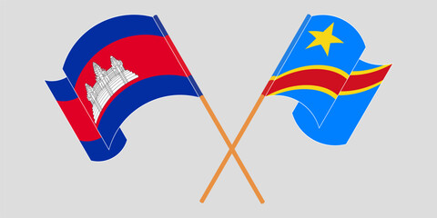 Crossed and waving flags of Cambodia and Democratic Republic of the Congo. Vector illustration