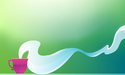 Fototapeta premium Background with a cup of aromatic tea and space for text. Hand drawn vector illustration. Green background with gradients and blur.