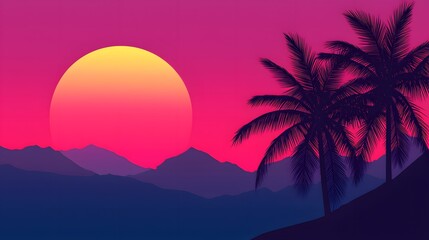 Breathtaking Tropical Sunset with Silhouetted Palms and Mountains Against a Vibrant Pink Sky. Banana, Tropical, Organic Concept