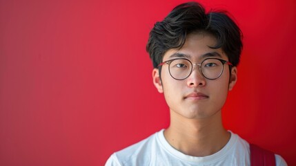 A backdrop of diverse colors illuminates an Asian student's introspective expression, marking his educational achievements