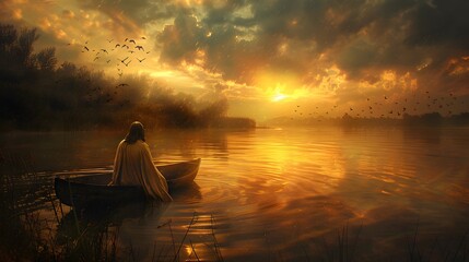 Tranquil scene of Jesus on calm lake waters, evening light casting golden hues across the water, birds flying peacefully, creating a serene and divine ambiance at dusk  