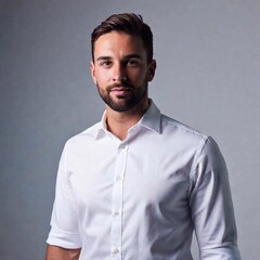 Fototapeta premium young confident handsome businessman standing against grey background.