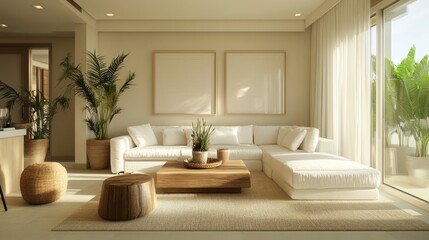 Bright, airy living room with a white sectional sofa, natural wooden coffee table, beige rug, and potted plants. Neutral beige walls complete the calm decor.