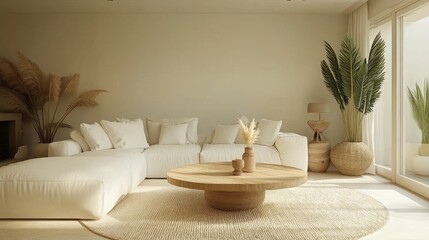Bright, airy living room with a white sectional sofa, natural wooden coffee table, beige rug, and potted plants. Neutral beige walls complete the calm decor.