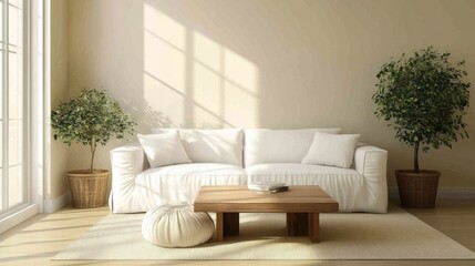 Fototapeta premium Clean and simple living room with a white sofa, wooden coffee table, beige rug, and fresh greenery, accented by warm beige walls.