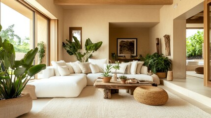 Clean, minimalist living room with a white sofa, wooden table, large beige rug, and lush greenery against beige-colored walls