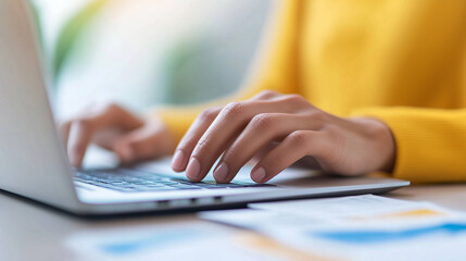 Fototapeta premium person typing on laptop with research papers nearby, focused on work