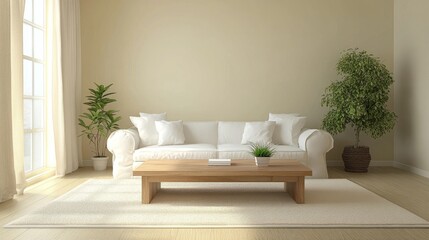 Cozy minimalist living room with a white sofa, wooden coffee table, large beige rug, and indoor plants, framed by soft, beige-painted walls.