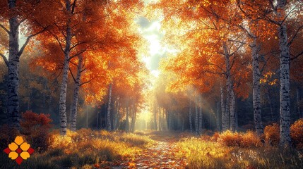 Serene autumn forest with vibrant orange foliage and soft sunlight.