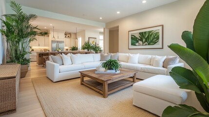 Fototapeta premium Living room with a white sectional sofa, large beige rug, and wooden coffee table. Green plants add vibrancy to the beige-walled room