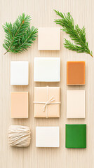 A collection of soaps and a green leafy branch