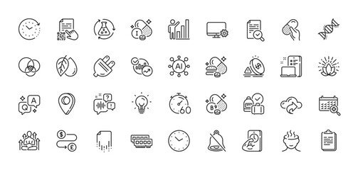 Ram, Timer and Iodine mineral line icons pack. AI, Question and Answer, Map pin icons. Graph chart, Mute, Statistics web icon. Monitor settings, Qr code, Cloud share pictogram. Vector