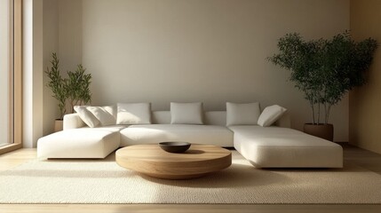 Minimalist living room featuring a white sectional sofa, wooden coffee table, large beige rug, and a few green plants against beige walls.