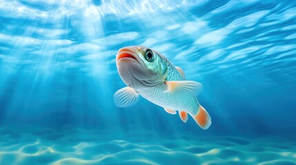 Naklejka premium Fish swimming in blue water, natural underwater habitat, vibrant aquatic scene.