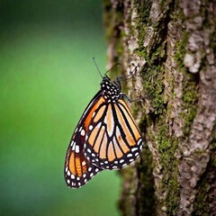 A close-up photo of a butterfly clinging to a tree bark, deep focus on the fine details of its camouflage patterns, eye-level shot providing a portrait that shows its adaptation to its natural environ