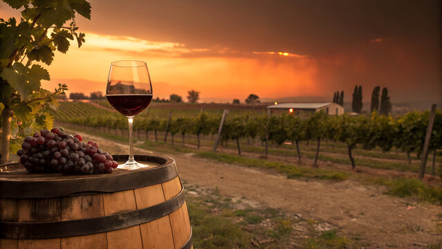 copa de vino sobre barril de madera con uvas del lado izquierdo de la imagen , atardecer , vineyard mendoza argentina wine, wine cellar, grapes, vines