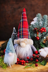 two cheerful white-bearded gnomes against the background of a Christmas tree, branches and...