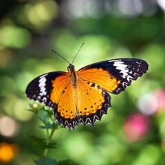Fototapeta premium A macro photo of a butterfly with iridescent wings catching the light, soft focus creating a gentle blur of colors in the background, low angle shot that highlights the shimmering scales and the delic