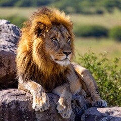 Fototapeta premium A macro photo of a lion resting on a rocky outcrop, deep focus on its relaxed posture and the texture of its mane, high-angle shot capturing the full body of the lion and the expansive landscape stret