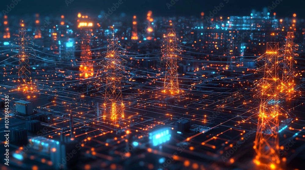 Poster intricate smart grid network with glowing circuits and data streams symbolizing efficient energy dis