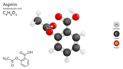 Molecule: Aspirin. Drug. Molecular structure. Formula: C9H8O4. Chemical model: Ball and stick. White background. 3D illustration.