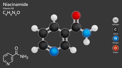 Molecule: Niacinamide. B3 vitamin. Molecular structure. Formula: C6H6N2O. Chemical model: Ball and stick. Gray background. 3D illustration.