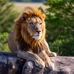 A macro photo of a lion resting on a rocky outcrop, deep focus on its relaxed posture and the...