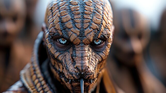 A detailed depiction of a fierce reptilian character with intense eyes and textured scales, evoking mystery and wonder in a fictional and mystical setting.