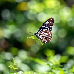 Obraz premium A close-up photo of a butterfly in flight, wings slightly blurred to convey motion, deep focus on its body and head, eye-level shot capturing its expressive eyes and unique patterns, giving a sense of